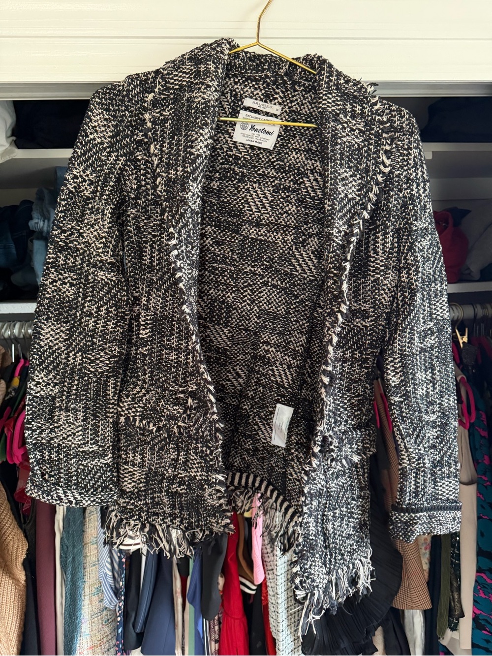 MM Lafleur Black and White Bouclé Fringe Open Cardigan